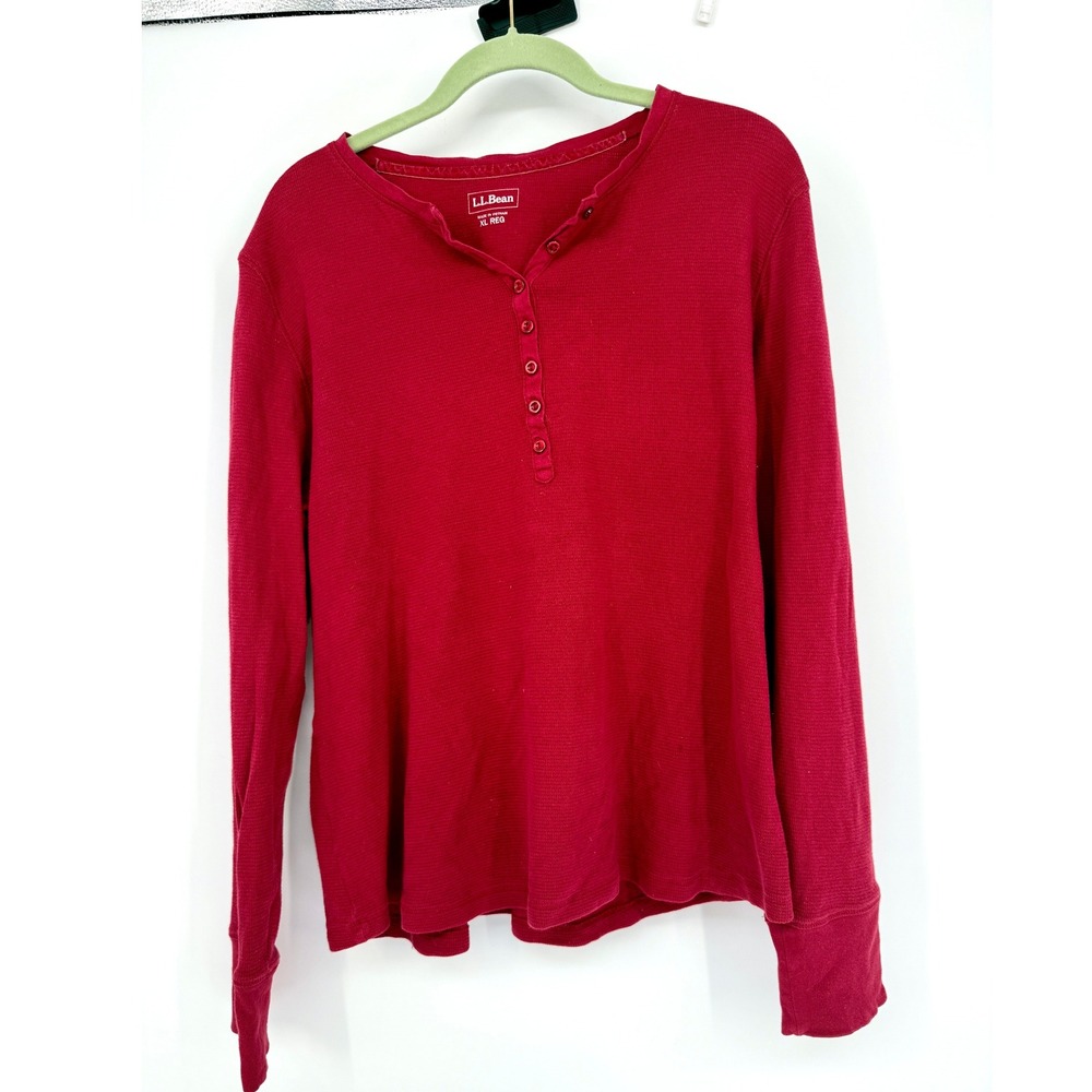 LL Bean Waffle Knit Henley Shirt Womens Red Long Sleeve Button Tee Sz 1X
